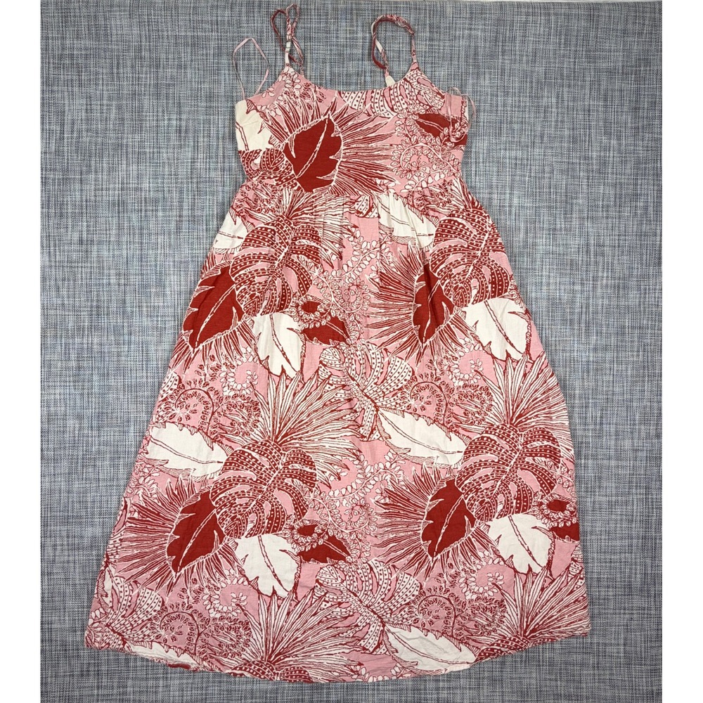 Japna Women Red Cream Floral Smocked Back Maxi Sundress Rayon Cotton Flax Size L